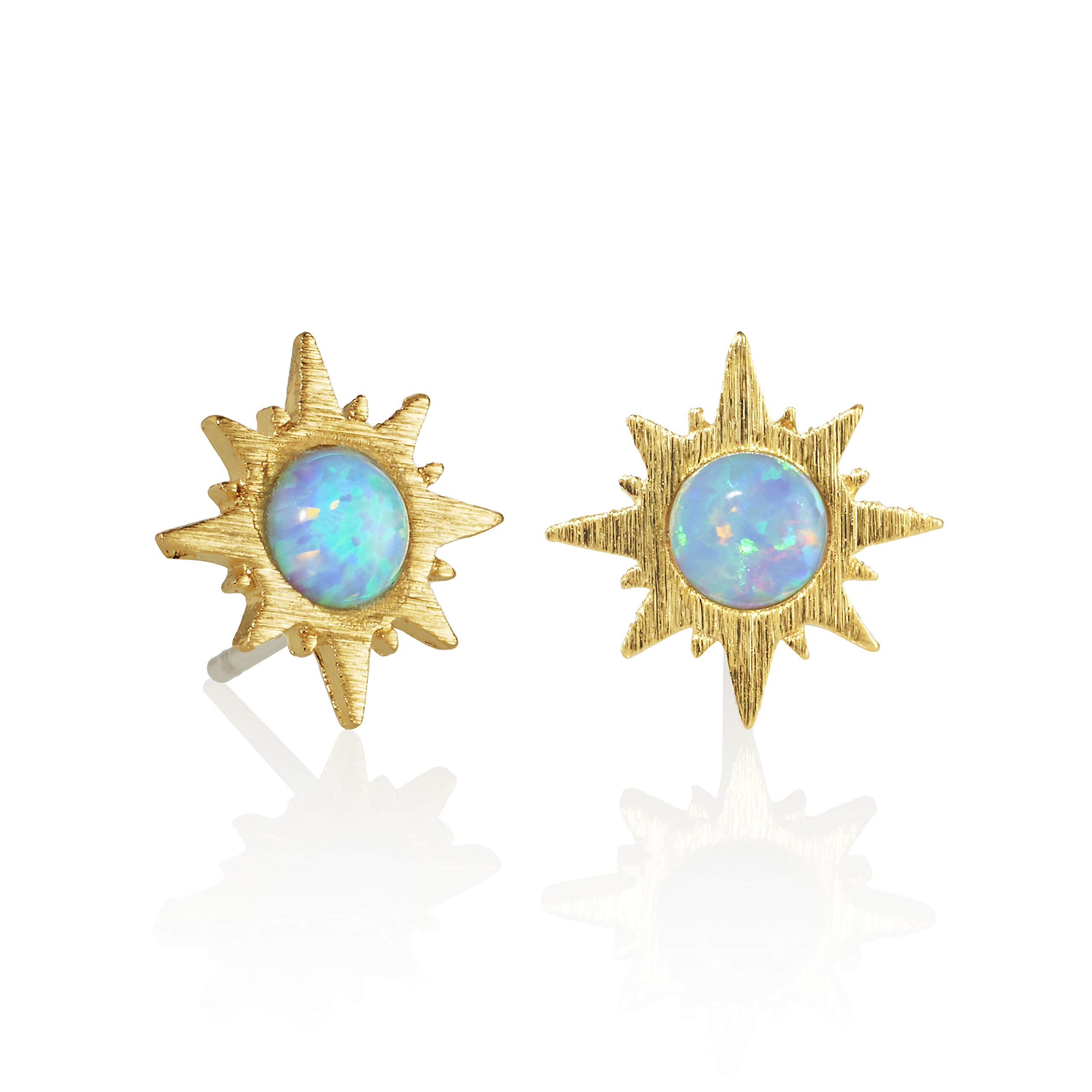 Namana Sunburst Gold Opal Stud Earrings for Women. Dainty Brushed Finish Gold Stud Earrings with Created Opals. Nickel Free and Lead Free Mini Stud Earrings. Gold Plated Opal Earrings with Gift Box