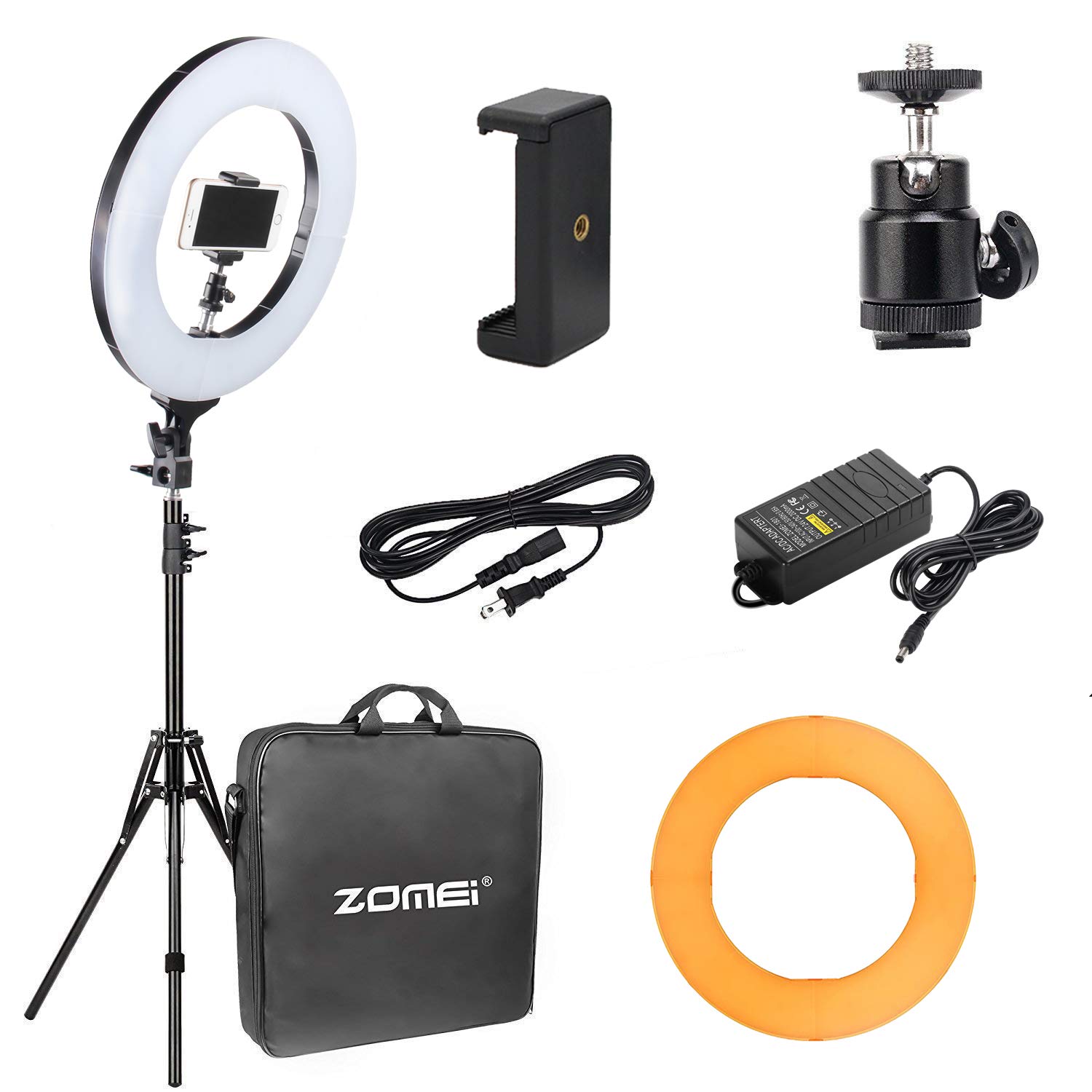 10 in 1 Zomei 14-inch Dimmable LED Light Ring Kit with 63” Stand Tripod, Boom Studio Scissor Arm Stand, White Diffuser Cloth for Makeup Photography Videography YouTube Facebook