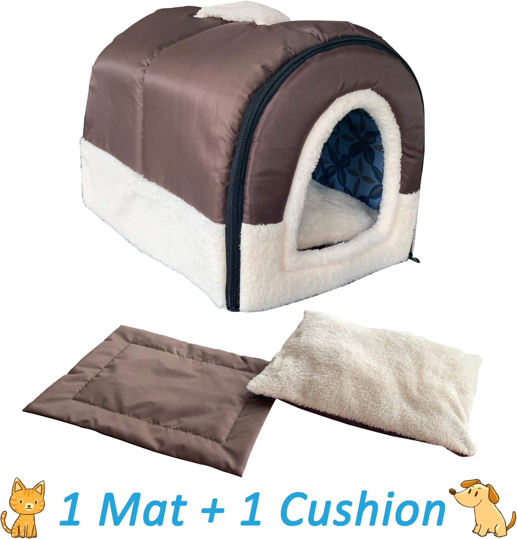 ANPI 2 in 1 Dog House Cat Igloo, Foldable Machine Washable Cat Bed Cave Non-Slip Soft Warm Pet Rabbit House Sofa with Detachable Cushion, 3 Sizes, Multicolour (M, Brown, New)