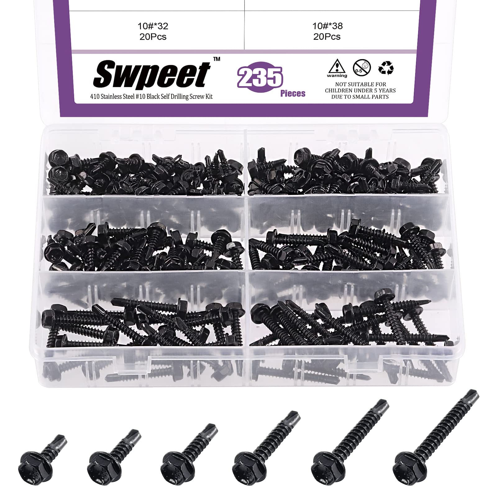 Swpeet 410 Stainless Steel Self Drilling Screw Assortment Kit, Hex Washer Head Self Drilling Sheet Metal Screws Head Self Tapping Screws Anti-Rust Metal Screws Set for Metal Assortment (Black, #10)