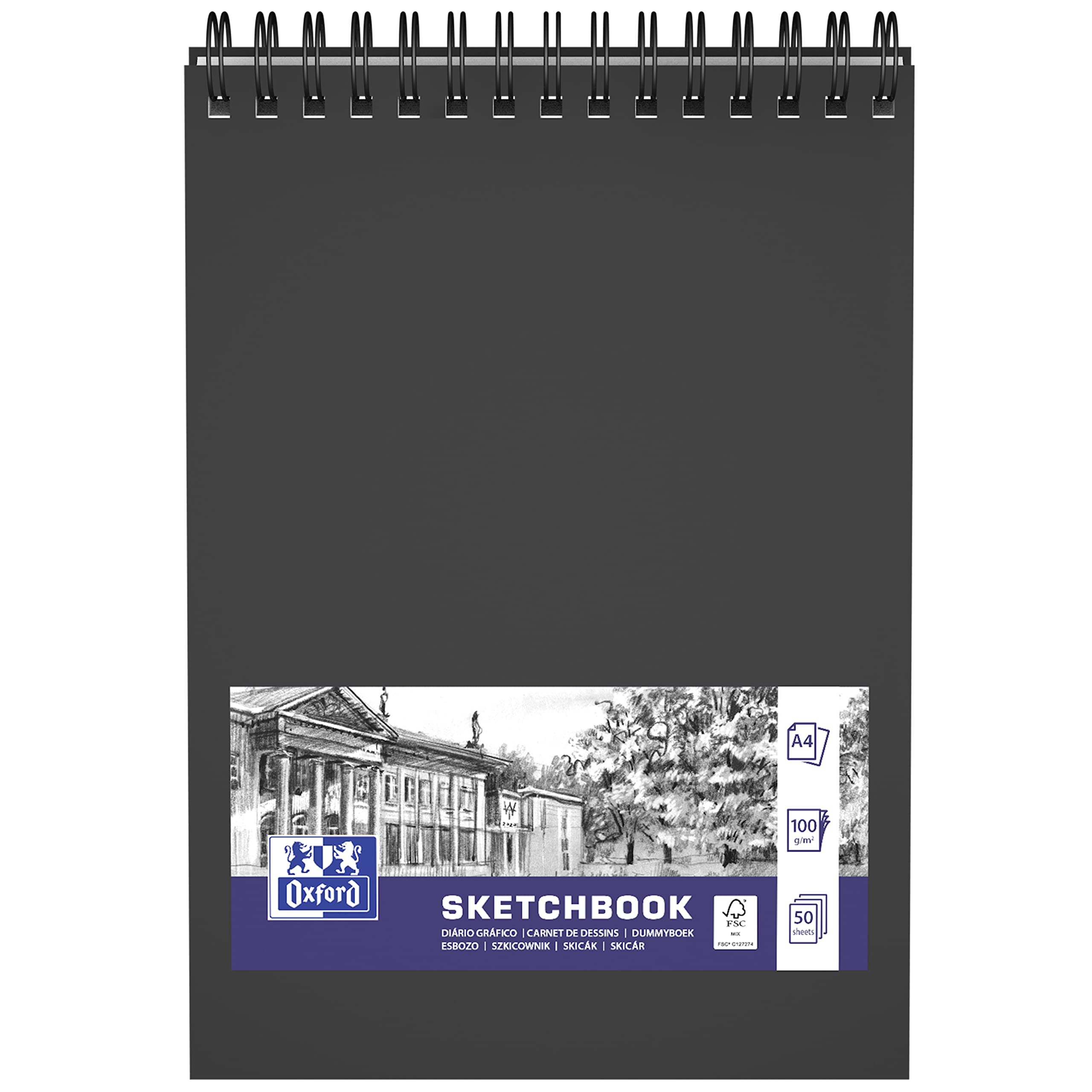 Oxford Sketchbook A4 50 Sheets 100 g Double Spiral Hard Cover Black