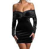 GOKATOSAU Women's Sexy Velvet Long Sleeve Off Shoulder Ruched V Neck Bodycon Mini Cocktail Dress