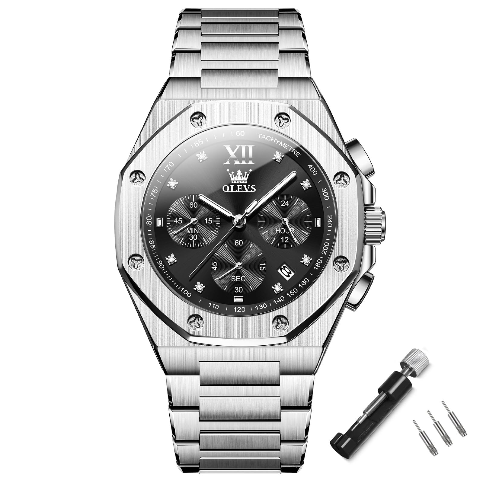 OLEVS Octagon Waterproof Analog Quartz Metal Band Watch Date for Men Large Easy Read Dial Formal Business Luminous Watches Cool, G3626G-BH, Business