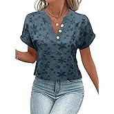 Falechay Women's Dressy Casual Tops Floral Embroidery Business Work Blouses Short Sleeve V Neck Tshirt