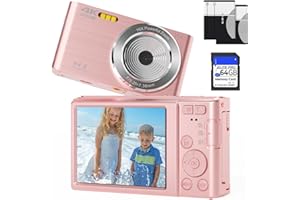 SMARTKLIK FHD 4K 44MP Digital Camera with 64GB Card 16X Digital Zoom Pink Compact Small Cheap Cameras Auto Focus FHD 1080P Camera Children's Day Gifts for Teens Boys Girls