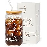 Dachshund Glass Cup with Lid & Straw for Dog Lovers - 16oz Cute Funny Weiner Dog Iced Coffee Cup Smoothie Tumbler Dog Owner Gift for Friend Mom Wife Pet Mommy Teen Girls Valentines Christmas Gifts