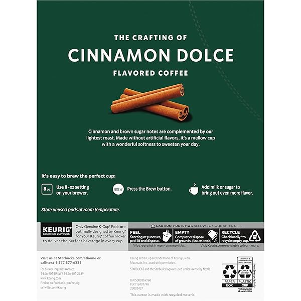 STARBUCKS K-CUP CINNAMON DOLCE NATURALLY FLAVORED COFFEE PODS FOR KEURIG MAKERS, 100% ARABICA, 1 BOX (22 PODS)