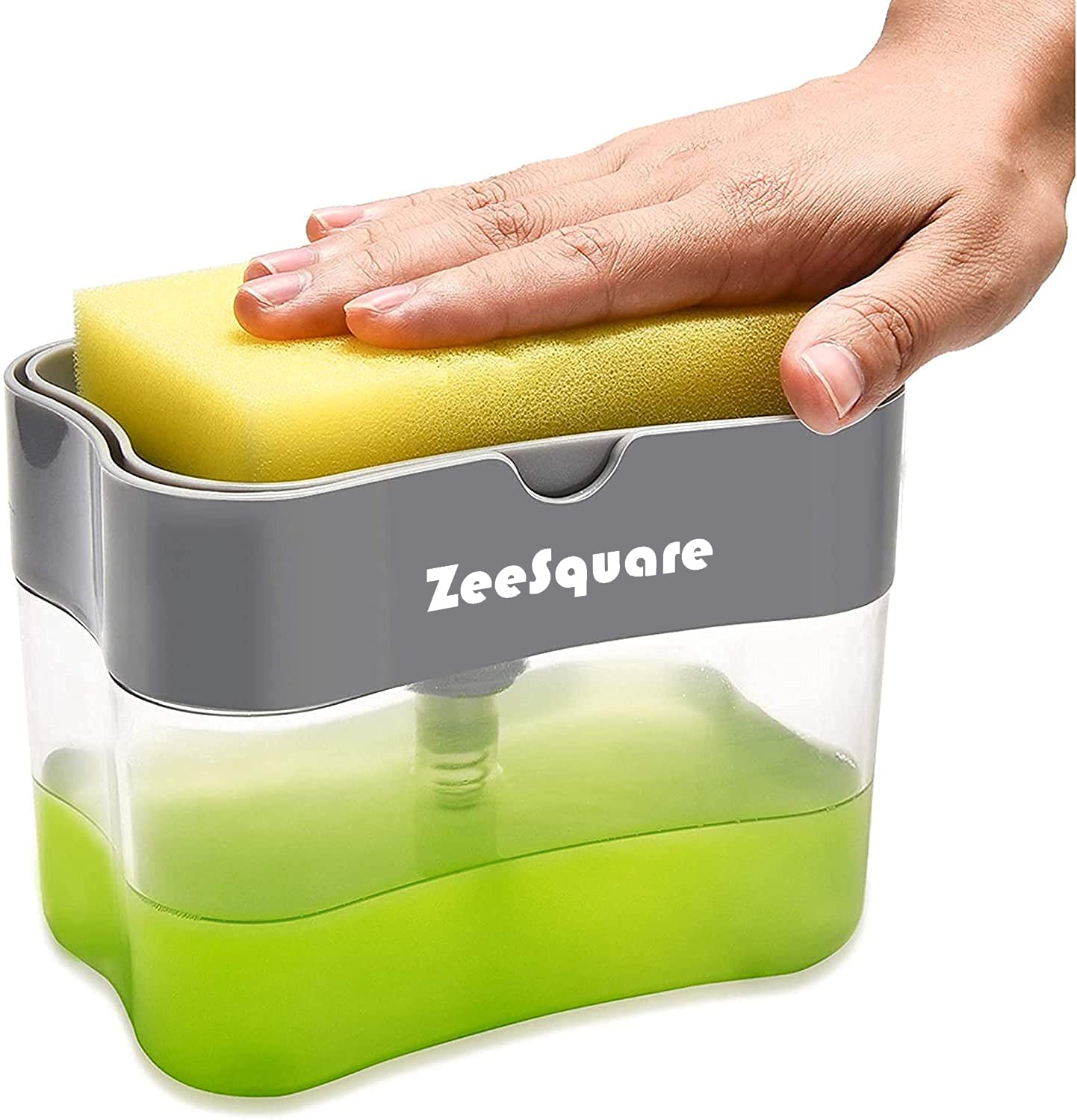 ZeeSquare Soap Pump Dispenser (2 in 1) and Sponge Holder for Kitchen Sink Dish Washing Soap Dispenser Counter Top Sink Dispenser (5.5X4.1X3.7), Instant Refill, Durable, Rustproof