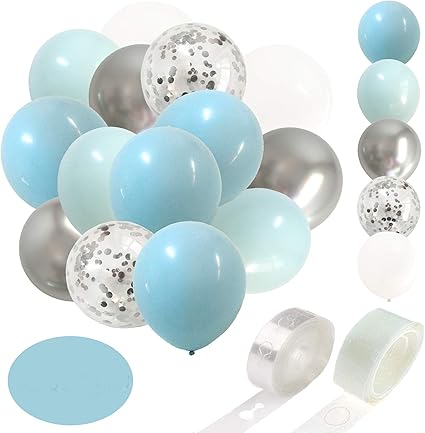 Amazon Com Guirnalda De Globos De Plata Azul Claro Pastel Azul Metalico Cromo Plateado Confeti Globos Arco Kit Con Tira De Pegamento Para Bautismo Nino Bebe Ducha 1er Cumpleanos Fiesta Centro De