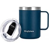MingSphere 12oz Insulated Coffee Mug with Handle and Lid,Teal Blue | Perfect for Commuting, Office, Road Trips, and Camping. Slide Lid Helps Prevent Spills for Coffee, Tea, or Cocoa on the Go