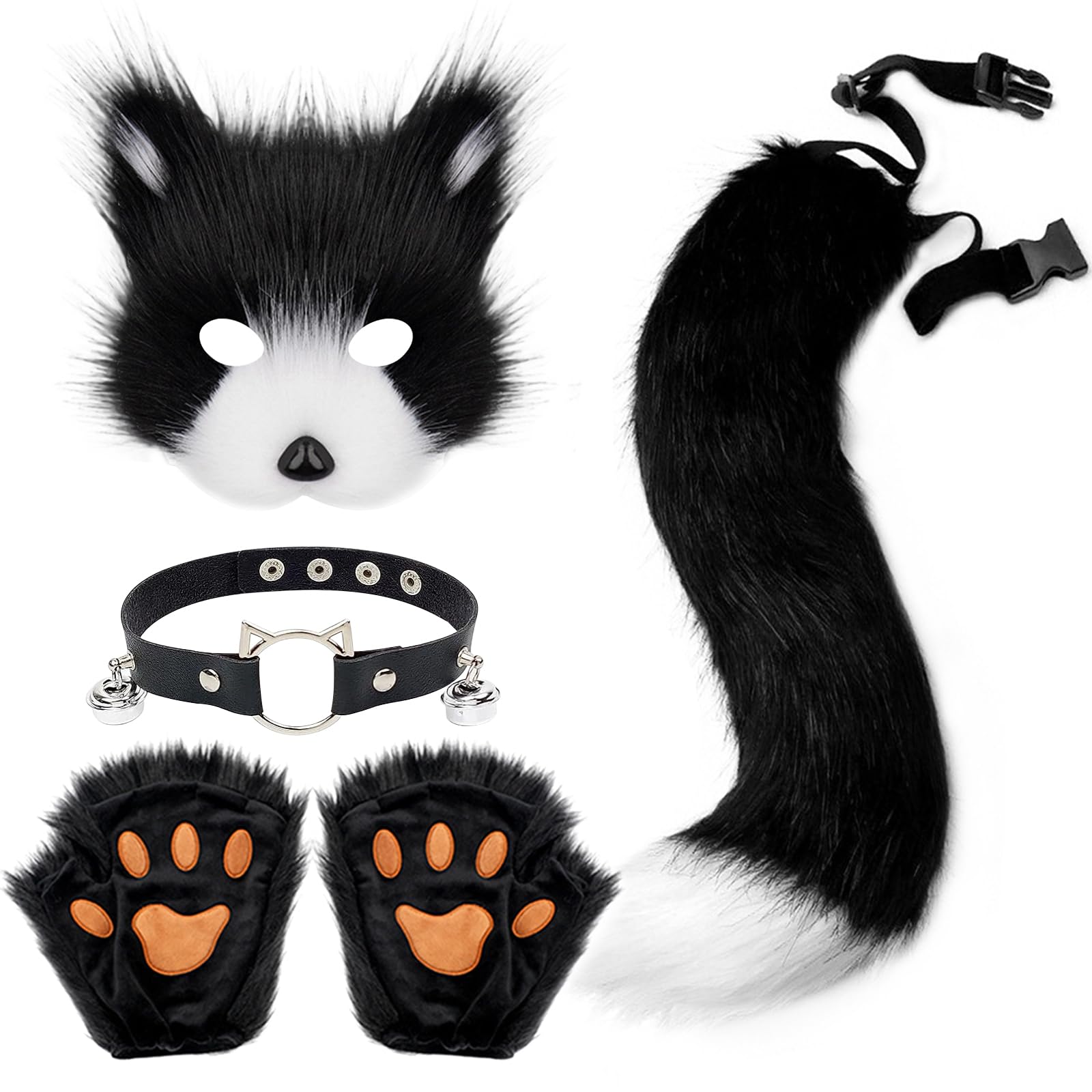 YumSur Faux Fur Fox Tail Cat Wolf Cosplay Costume Set Plush Mask Fluffy Paw Gloves Halloween Christmas Party for Girls Women — image 1