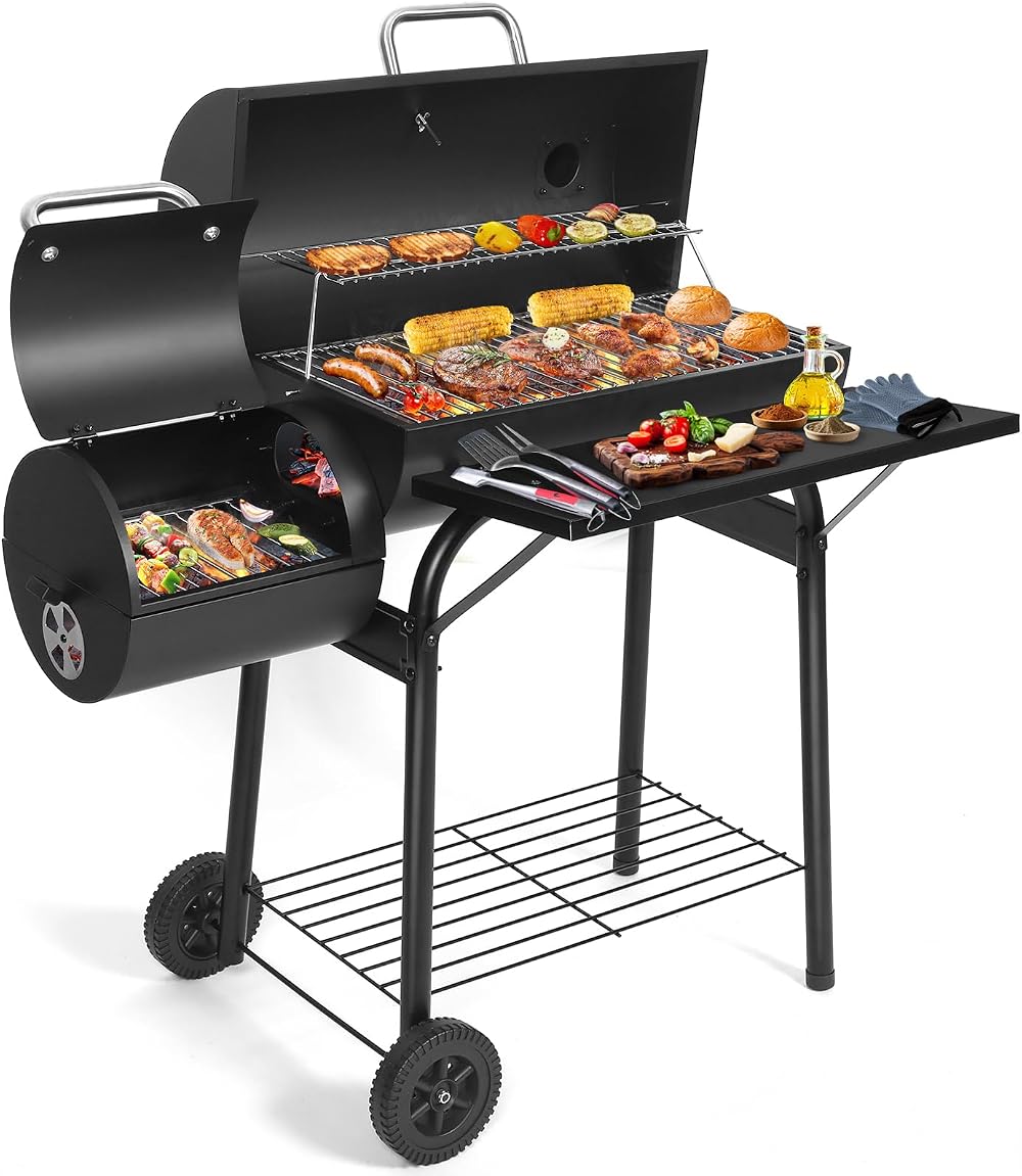 SUNLIFER Charcoal BBQ Grill With Offset Smoker Large Barrel 62x30CM