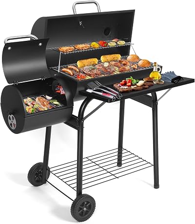 SUNLIFER Charcoal BBQ Grill With Offset Smoker Large Barrel 62x30CM
