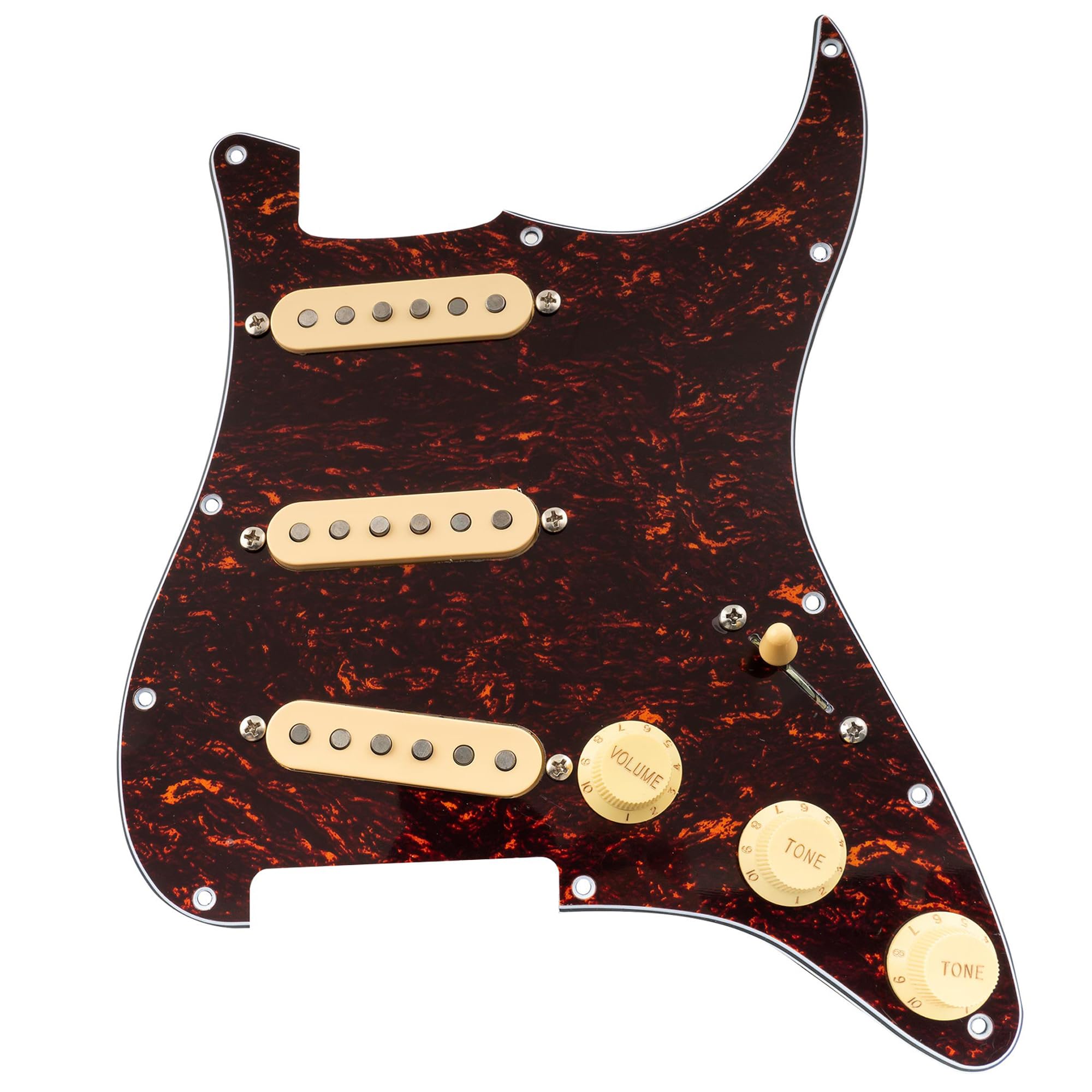 Musiclily Pro Pre-wired Standard SSS Pickguard with Artec Pickups Staggered Alnico 5 Magnet Single Coil Pickups for ST Style Electric Guitar, 4ply Red Tortoise