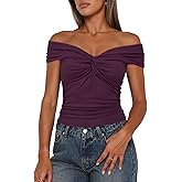 Darong Women Summer Twist Knot Front Off The Shoulder Tank Tops Cap Sleeve Going Out Shirts Slim Fitted Y2K Outfits