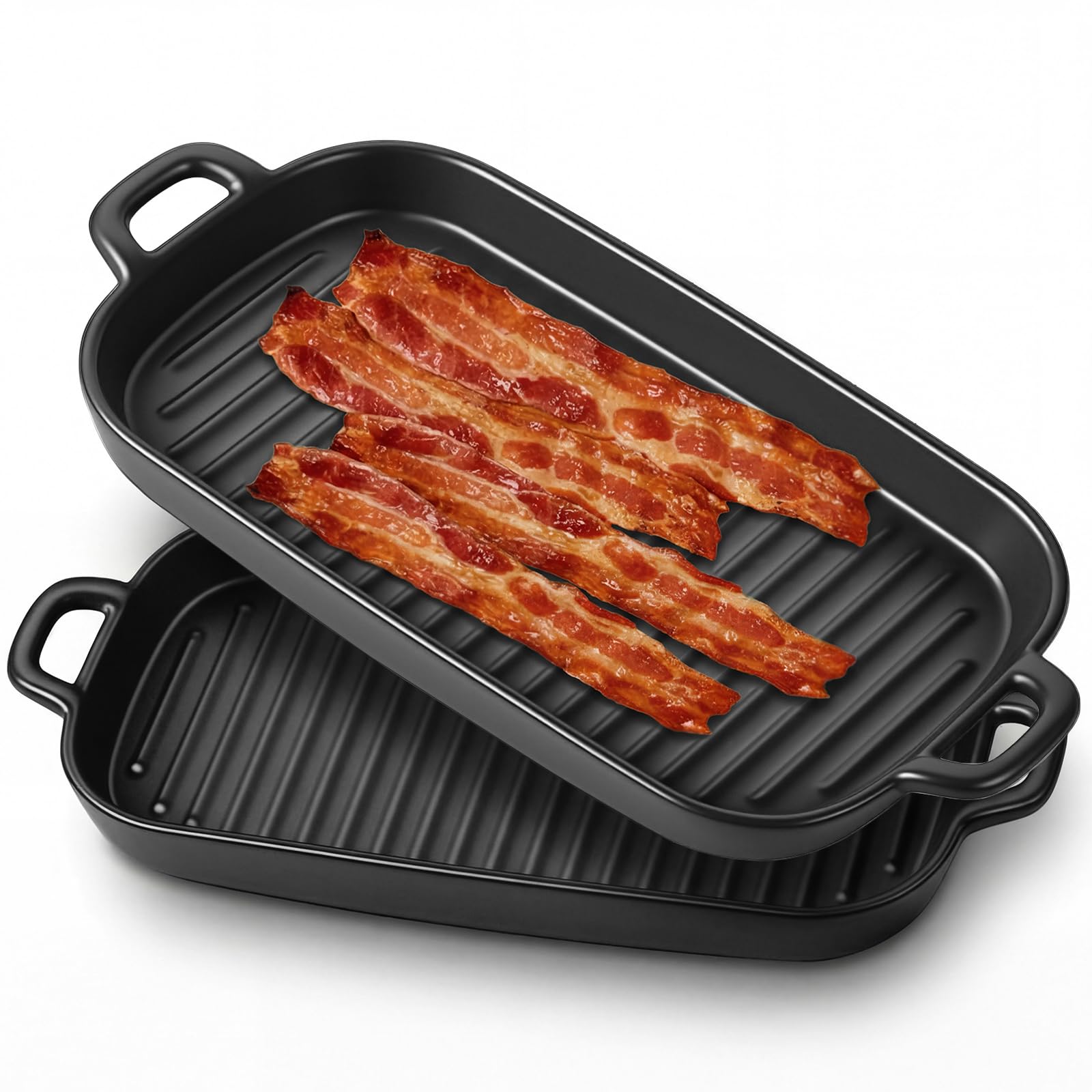 Photo 1 of 2 Pcs Microwave Bacon Tray Microwave Bacon Cooker for Oven Upgraded Square Ceramic Baking Tray with Handle for Home Kitchen Breakfast Dishwasher 11.6" x 6"(Black)