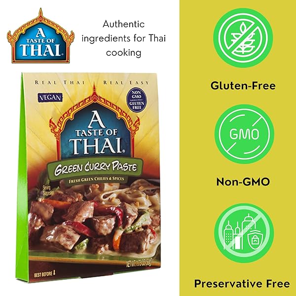 A TASTE OF THAI GREEN CURRY PASTE – AUTHENTIC & NATURAL READY-TO-USE THAI CURRY PASTE – VEGAN, GLUTEN‑FREE & NON‑GMO – SPICY, FRESH FLAVOR FOR CURRIES, STIR‑FRIES, SOUPS & DIPS – 1.75 OZ (PACK OF 6)