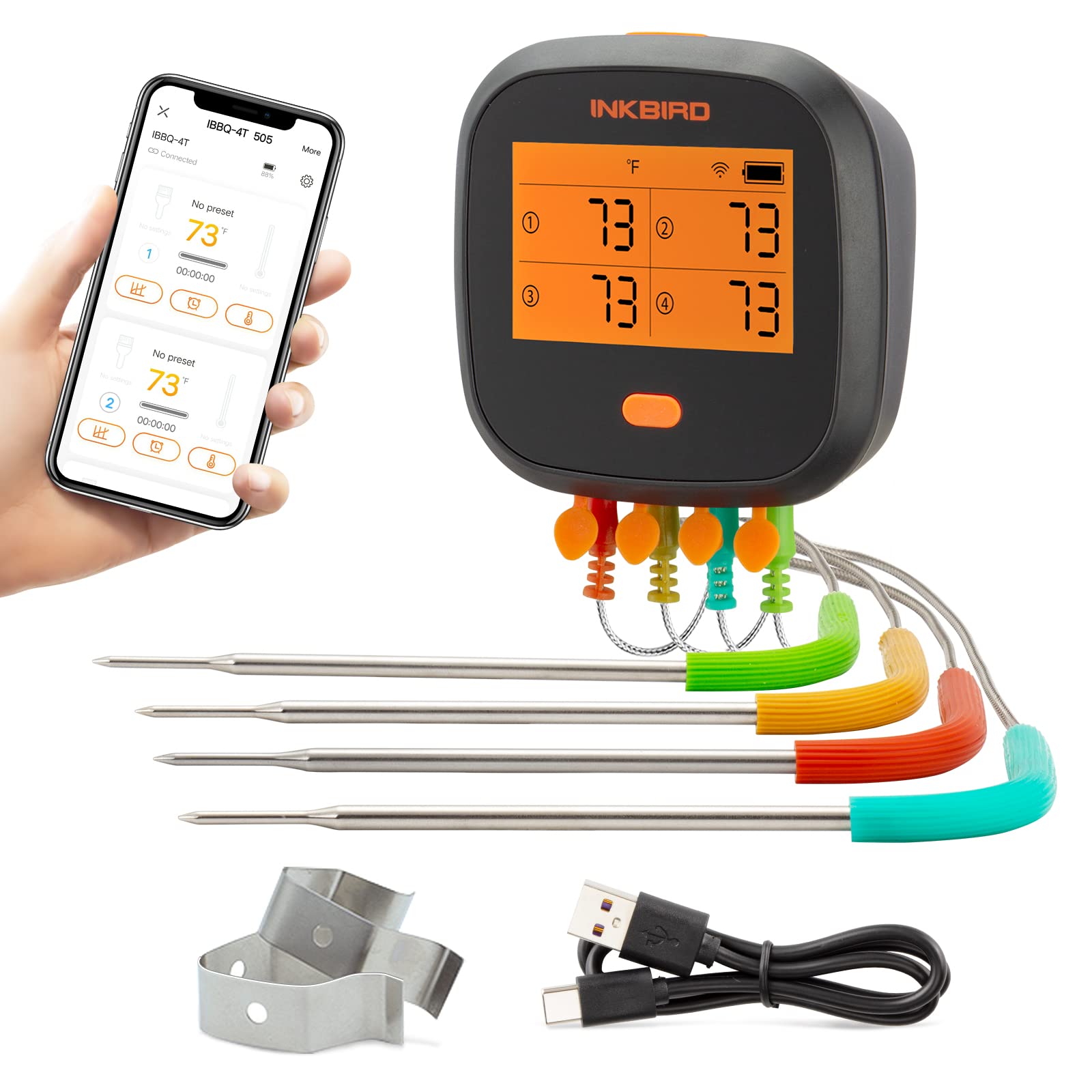 Photo 1 of INKBIRD WiFi Meat Thermometer for Grilling, Unlimited Rang Rechargeable BBQ Thermometer APP Calibration, Temp Graph Mobile Notification, 4 Colorful Probes Food Thermometer for Pellet Smoker Oven