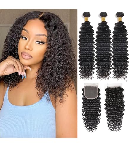 Deep Wave Human Hair Bundles with Lace Closure, 14-20+14 Inch Lengths Amazon.com : Bundles with Closure Human Hair Body Wave 12 14  main image 2