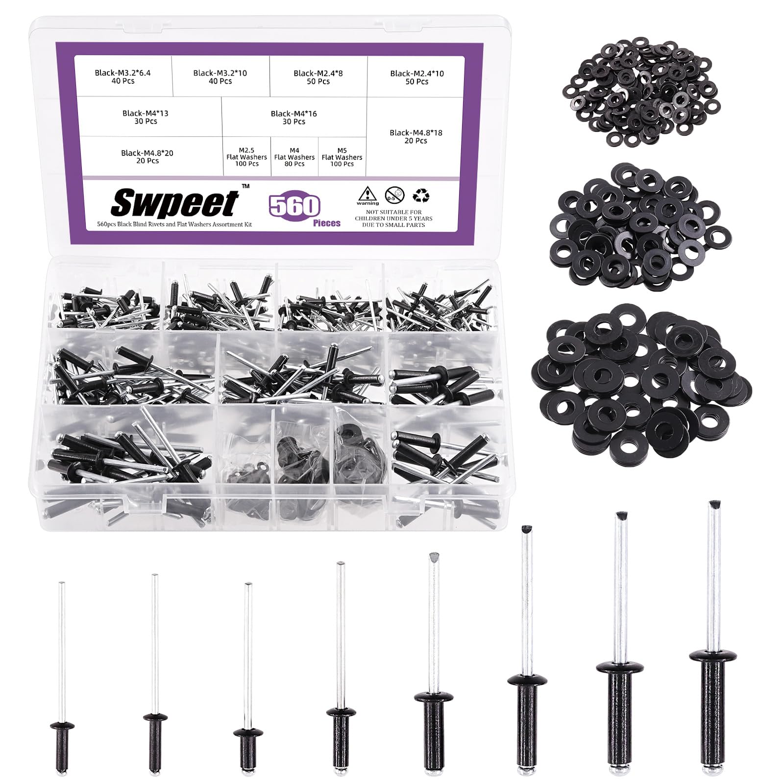 Swpeet 560Pcs Black 3/32" 1/8" 5/32" 3/16" Pop Rivets Assortment Kit with Stainless Steel Backup Washers, Assorted Aluminum Blind Rivets with Divider Labeled Case for Storage