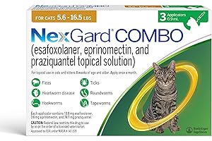 NexGard® Combo (esafoxolaner, eprinomectin, and praziquantel Topical Solution) Flea and Tick Protection Plus Heartworm Disease Preventive for Cats, 5.6-16.5 lbs. (Yellow Box) 3 Doses (3 Month Supply)