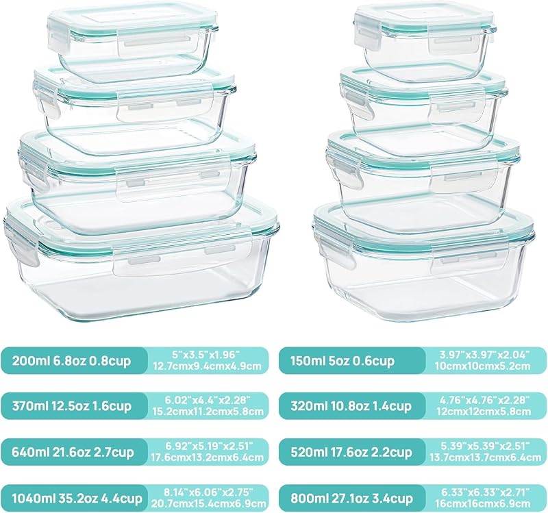 Vtopmart conjunto de 8 unidades recipientes de vidro para alimentos, recipientes de vidro herméticos com tampa, reutilizável, empilhável, máquina de lavar louça e cofre de micro-ondas, livre de BPA
