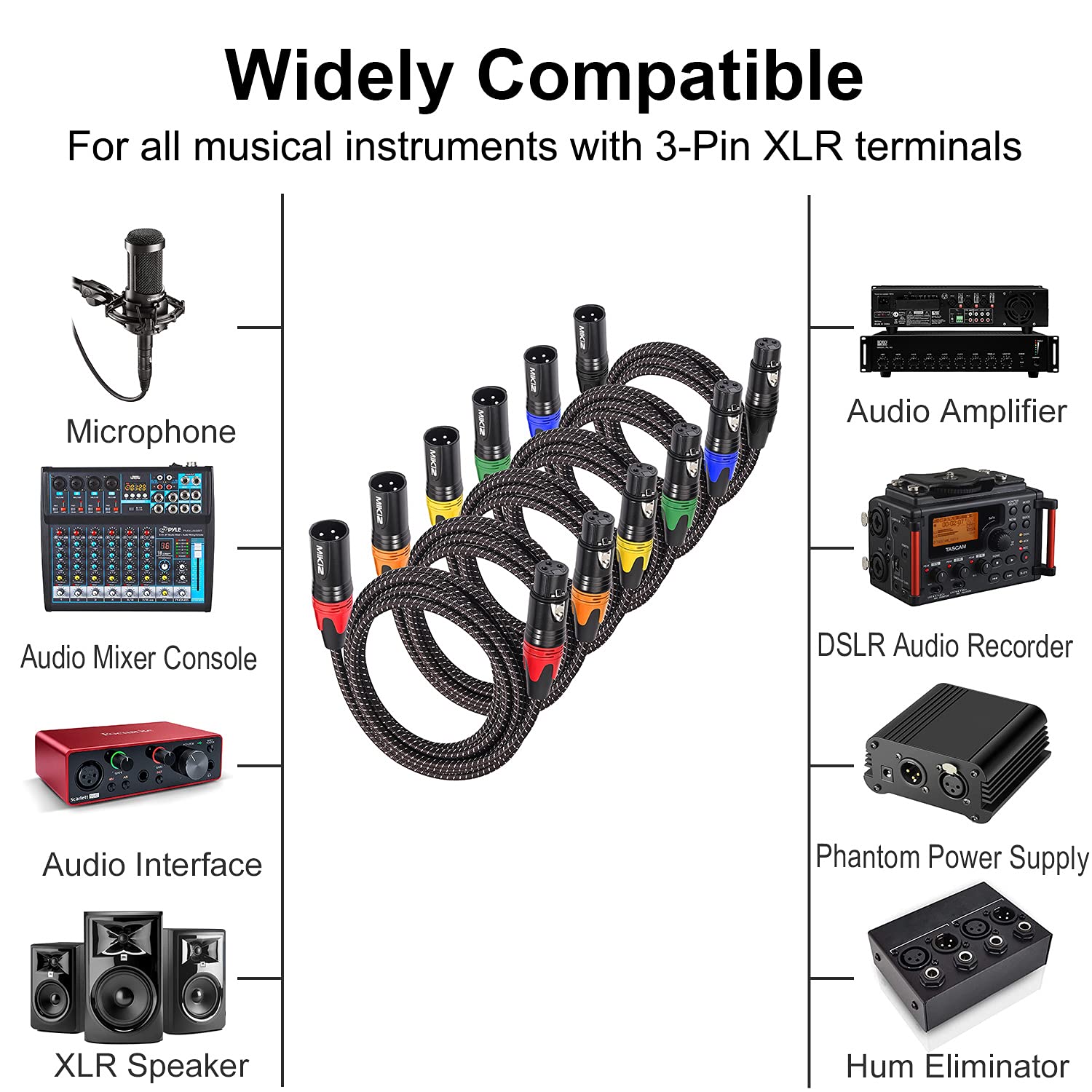 XLR Cables Braided 1.2 Ft Short 6 Packs 3 Pin XLR Jumpers Male to Female Patch Cables Balanced for Microphone Mic Zoom