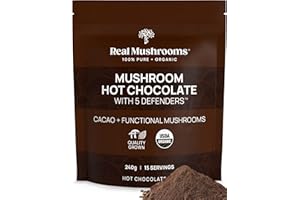 Real Mushrooms Organic Hot Chocolate Mix with Reishi, Turkey Tail, Chaga, Shiitake, Maitake – Cacao Powder Organic Mushroom– 5 Defenders Mushroom Cacao Powder, Vegan, Gluten-Free, 15 Servings