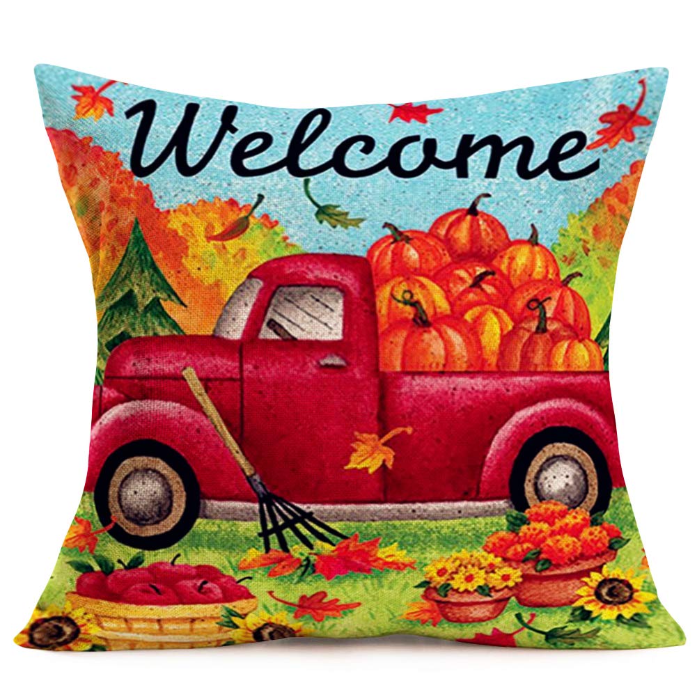 Fukeen Autumn Pumpkin Vintage Red Trucks Market Throw Pillow Covers Decorative Fall Maple Leaf Sunflower Apples Pillow Cases Cotton Linen Home Office Car Decor Square 18x18 Inch Cushion Cover