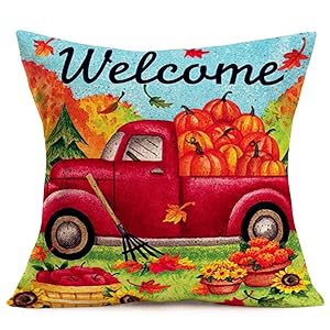 Fukeen Autumn Pumpkin Vintage Red Trucks Market Throw Pillow Covers Decorative Fall Maple Leaf Sunflower Apples Pillow Cases Cotton Linen Home Office Car Decor Square 18x18 Inch Cushion Cover