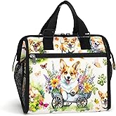 84hoods Insulated Lunch Bag for Women. Large Lunch Box for Work Office Travel Picnic with Adjustable Strap. Gift for Corgi Lovers Owners. Flowers Garden.