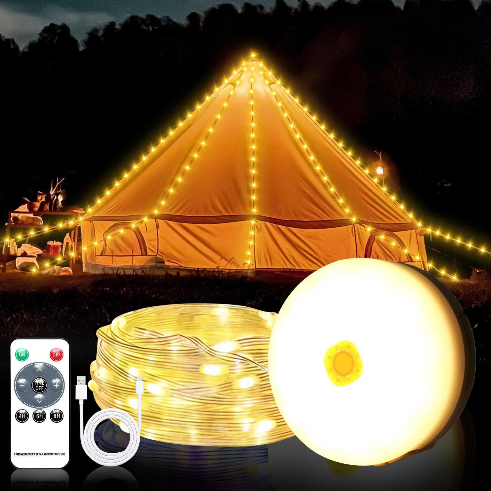 SH-RuiDu 3-in-1 Solar Camping String Lights, 120LED 39.4ft Camping Lights with Lantern Mode, 8 Lighting Modes & Remote Control, Weatherproof USB Rechargeable Tent Lamp for Camping, Hiking, Garden