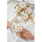 Meldel Champagne Prom Flower Wrist Corsage for Wedding, Set of 6, Rose Wrist Flower for Mother of Bride and Groom , Bride Bridesmaid Girl Women Party, Homecoming Ceremony Anniversary
