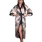 Daiwor Kout Silk Satin Robe for Women Long Kimono Floral Lightweight Bathrobe Soft Thin Ladies Luxury House Robes