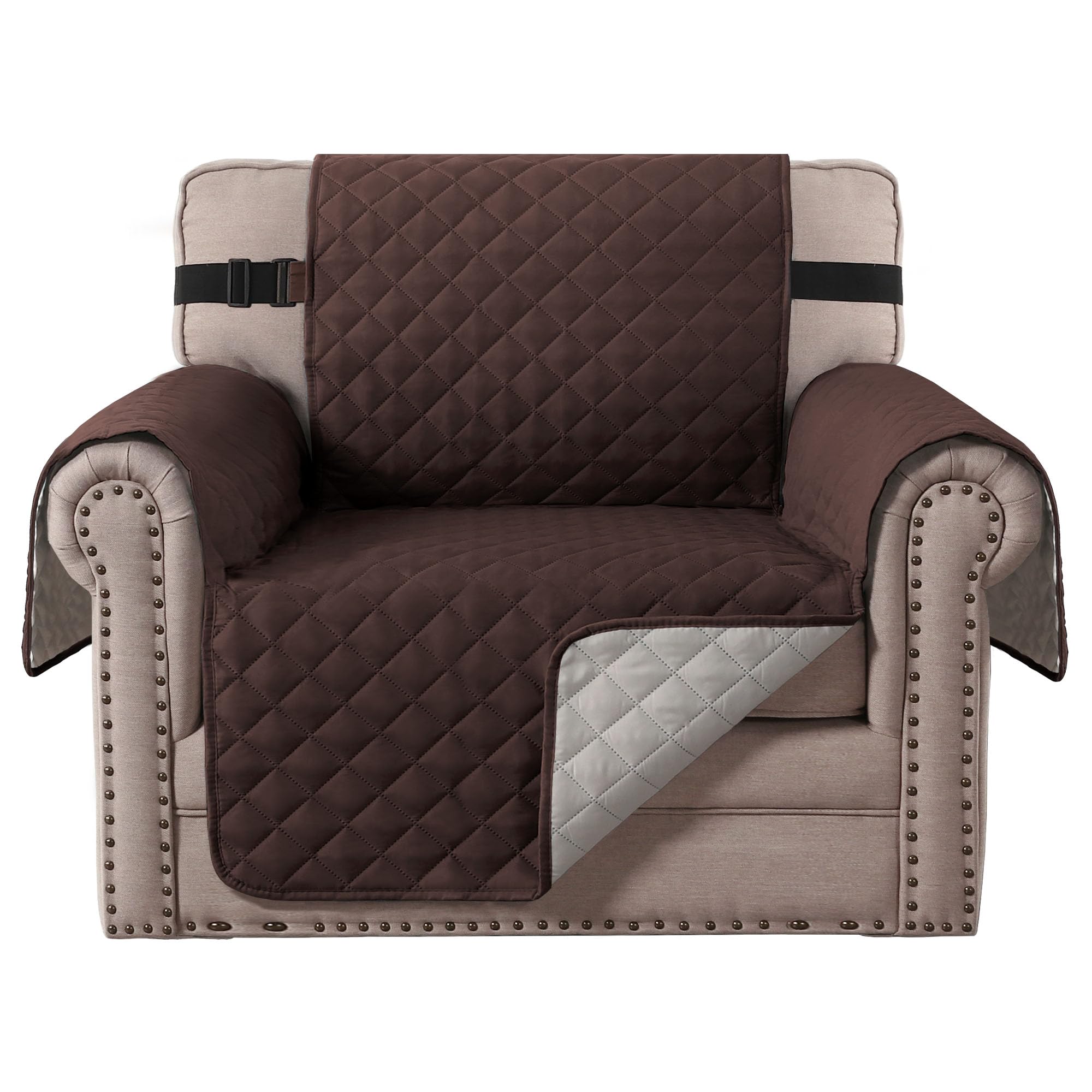 BellaHills Sofa Cover Reversible Armchair Covers Water Repellent Sofa Slipcover from Pets Couch Covers for Cats Checked Pattern Thick Quilted with Elastic Strap (Chair, Brown/Beige)