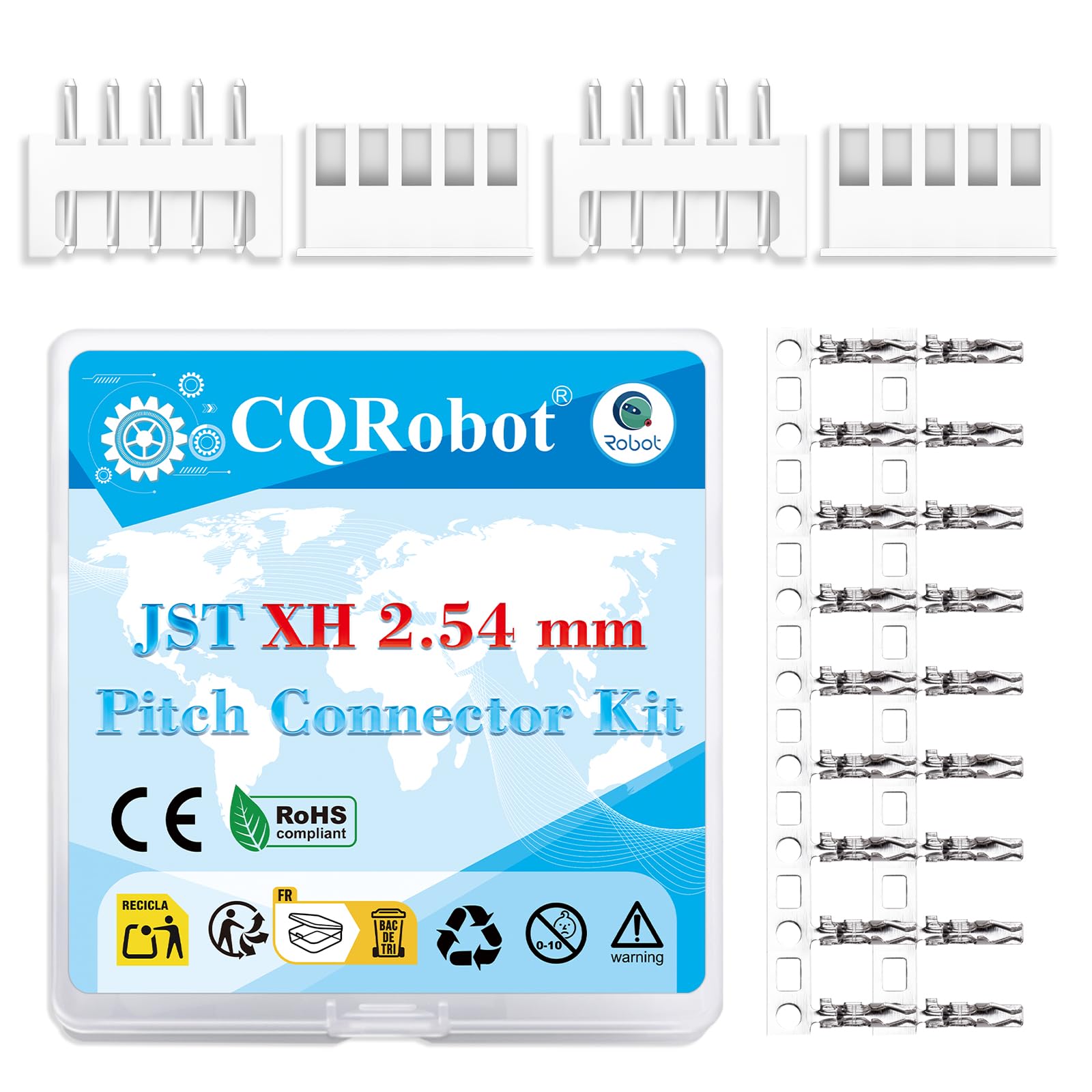 CQRobot JST XH 2.54 mm Pitch 5-Pin Electronic Computer Connector IC Male Plugs, Female Sockets Housing and T-Shaped Crimp Terminal Kit. 50 Sets/350 Pieces Wire-to-Board Adapter Cable Assembly.