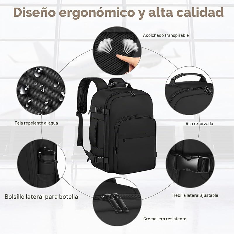Equipaje de Mano Mochila de Viaje 45 × 36 × 20 para Easyjet, 40 L Maletas de Cabina Bolsa de Viaje Mochila Casual Asiento Inferior Equipaje de Mano Mochila para Portátil de 17 Pulgadas Escuela — foto 4 de 7