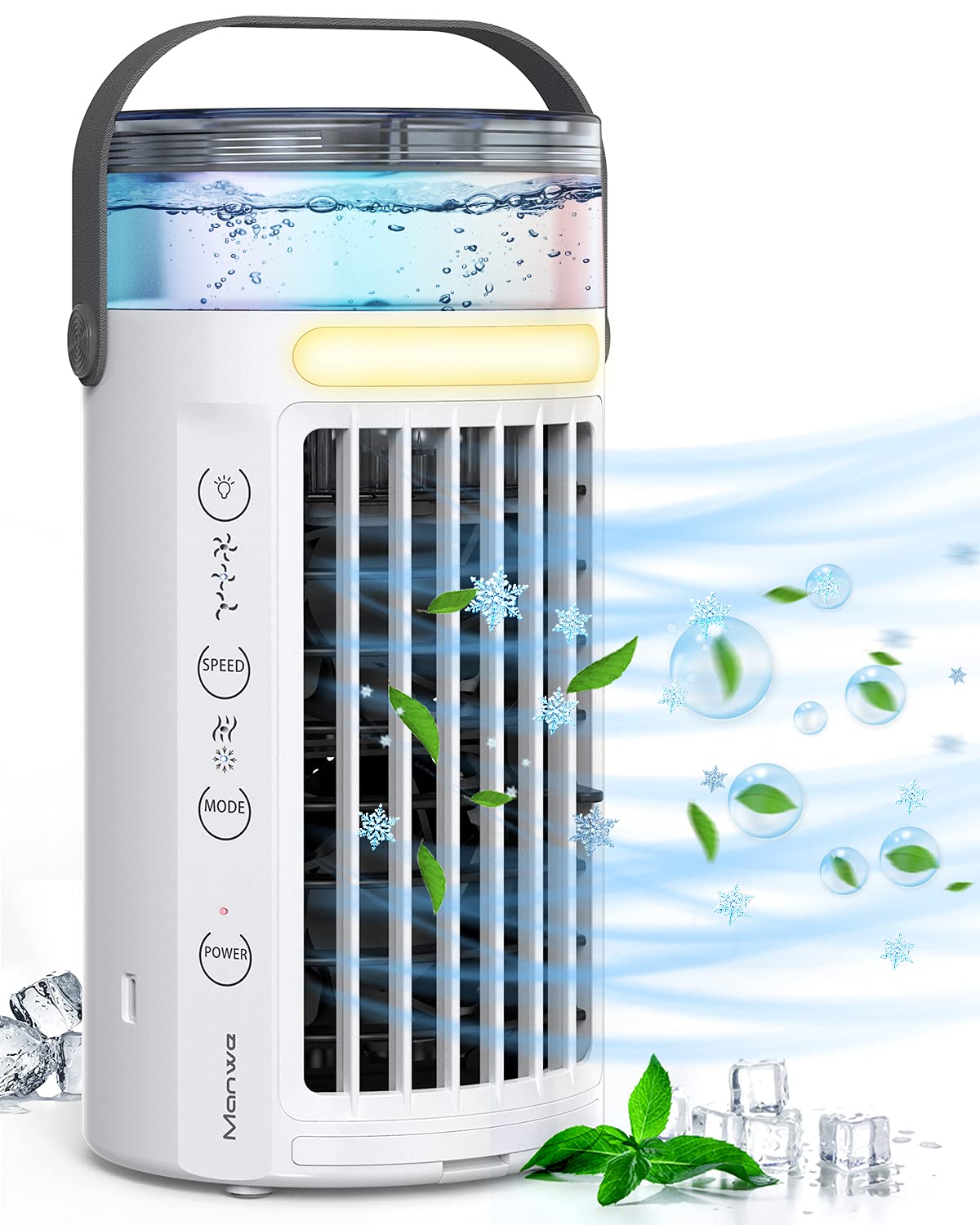 Manwe Portable Air Cooler, Small 4 In 1 Air Conditioner Cooler and Humidifier,Mini Evaporative Coolers Purifier, 3 Fan Speeds, Mobile Air Cooling Fan for Home Office Bedroom Outdoor ect
