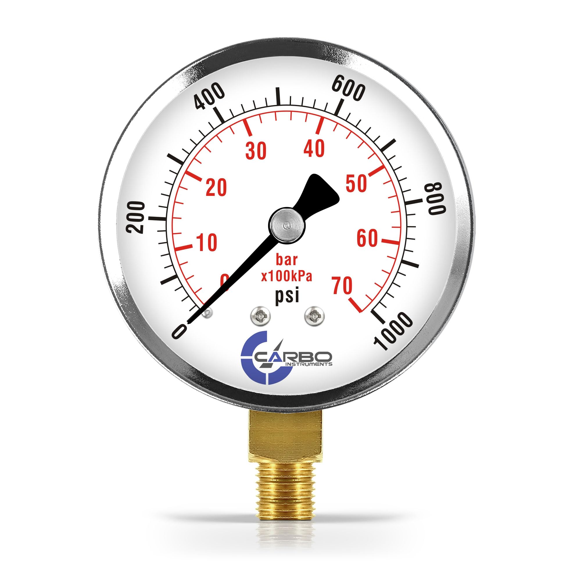 CARBO Instruments 2-1/2" Pressure Gauge, Chrome Plated Steel Case, Dry, 0-1000 psi/kPa, Lower Mount 1/4" NPT