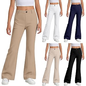 Girls Uniform Pants, Bell Bottoms for Girls School Uniforms Preppy Clothes | Kids High Waist Straight Pants with Pockets, Ela