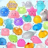 LUDILO Mochi Animal Squishies Toys 2nd Generation Glitter Mochi Squishy 28pcs Kawaii Mini Squishies Squeeze Toys for Kids Sto