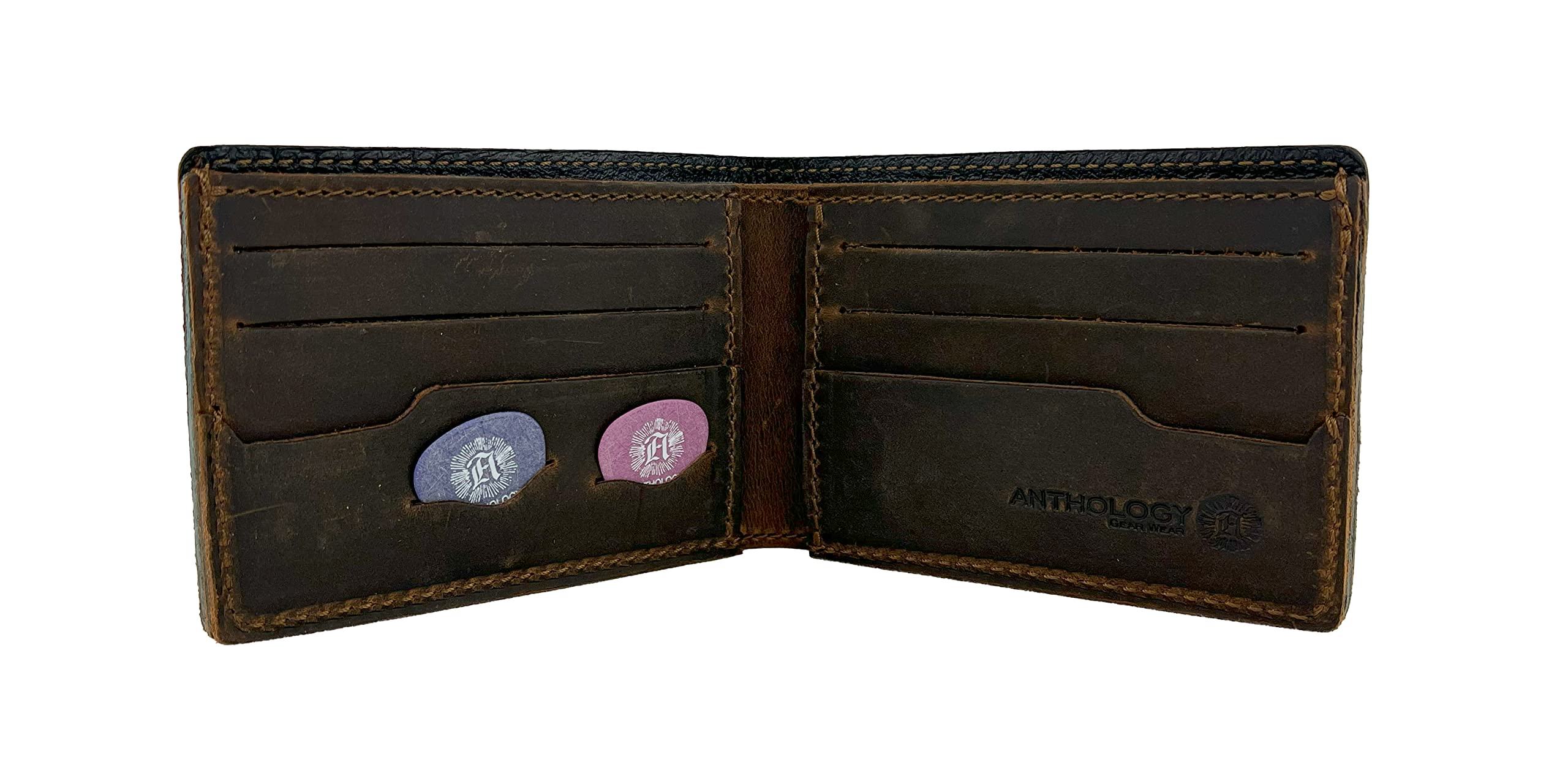 Minimalist Bi-fold Leather Wallet - with Guitar Pick Holder Full Grain Leather by Anthology Gear (Whiskey Brown)