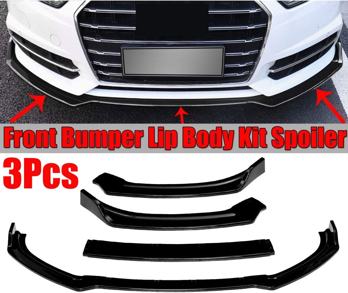 OBCWSG For Audi A6 Sport 2016 2018, Carbon Fiber Look/Gloss Black 3Piece Car Front Bumper Lip Diffuser Spoiler Splitter Cover Trim