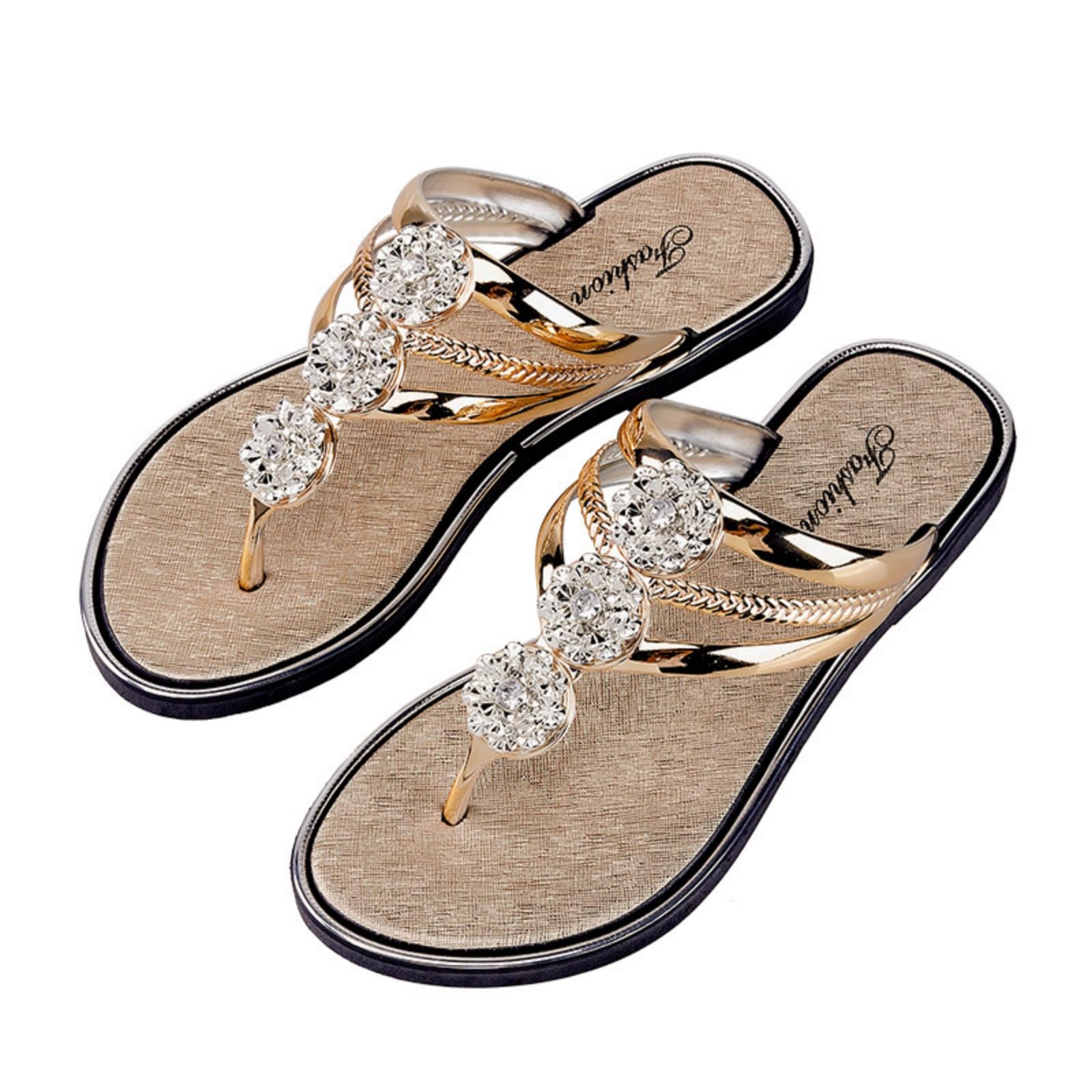 Photo 1 of CROSSBABY Rhinestone Flat Sandals for Women Dressy Sparkly Thong Sandals Bling Summer Cute T Strap Dress Sandals for Wedding Bridal Bride Beach Trendy Comfortable Ladies Women's Sandals (gold,9)