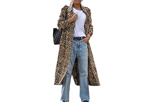 Sexyshine Women's Leopard Print Duster Trench Coat Notch Lapel Open Front Faux Suede Mid Long Pea Coat Jacket