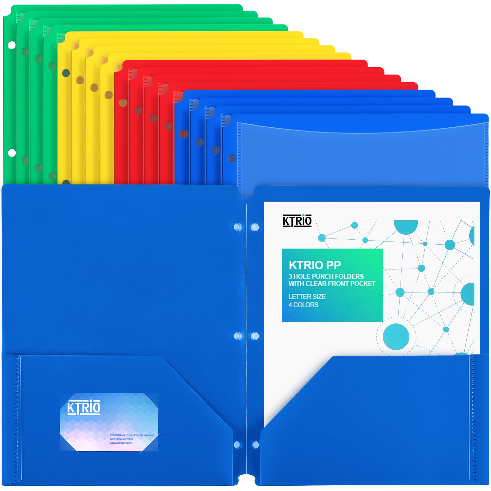Photo 1 of KTRIO Plastic Folders with Clear Front Pocket, Heavy Duty 2 Pocket 3 Prong Folder, Letter Size Colored Folders with Business Card Slot for School Office, 16 Pack