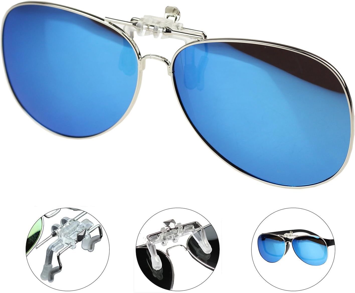 Jaky Retro Polarized Glasses Clip on Flip up Classic AVIATOR Mens&Womens Sunglasses (Ice Blue, Blue)