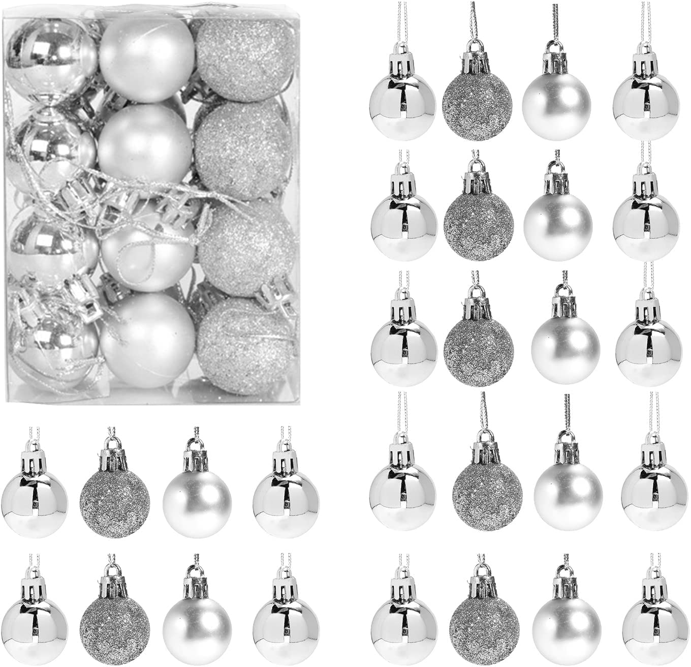 30mm/24Pcs Christmas Baubles Shatterproof Silver, Christmas Tree Decorations Ball Ornaments Balls Xmas Hanging Decorations Holiday Decor - Shiny,Matte,Glitter