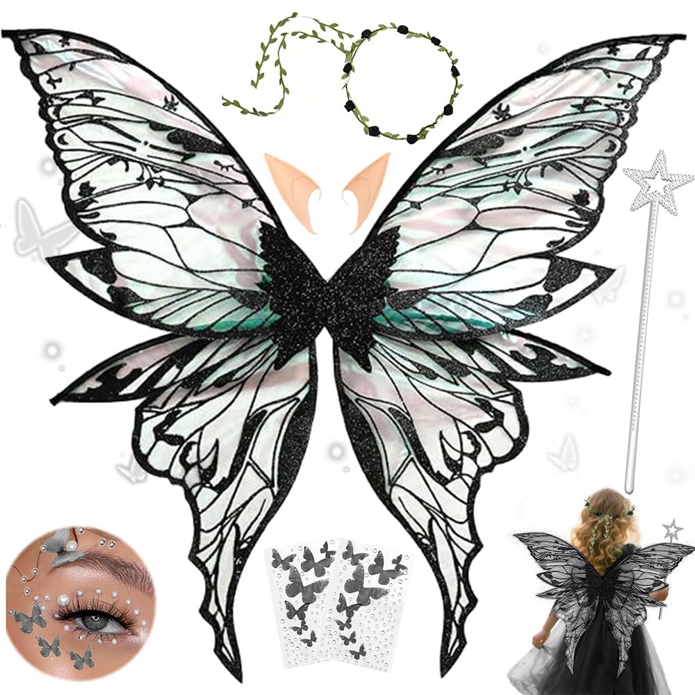 MEISHANG Adult Fairy Wings, Elf Wings with Elf Eyes, Fairy Wings Set, Flowers - Headband, Stars Fairy Sticks and Stickers, Ideal for Cosplay, Parties and Fancy Dress (Black)