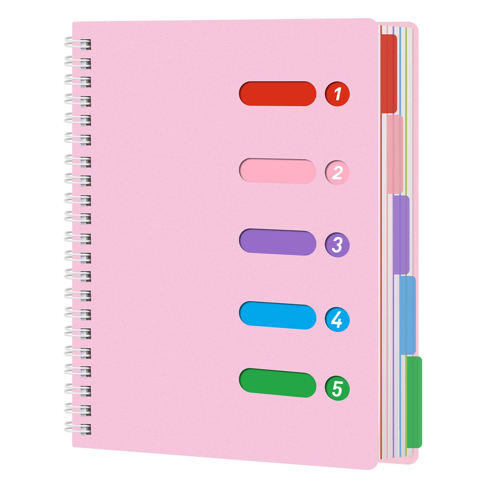 Koogel Ruled Notebook A4, Pink Spiral with Dividers Hardcover 5 Subject Journal for School Note Taking Office 28x21.6 cm